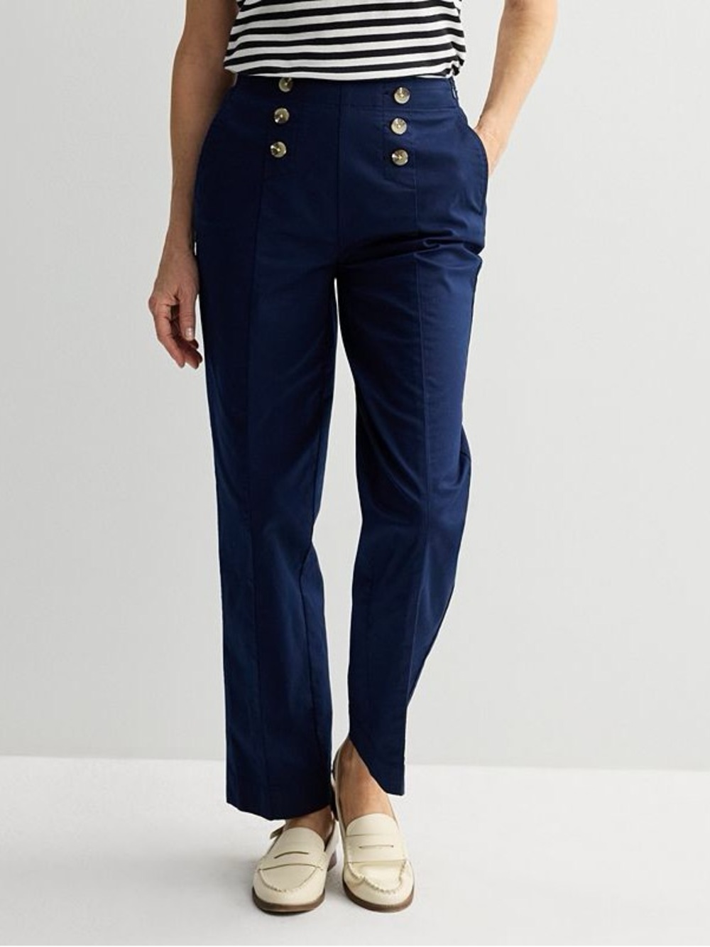 Croft & Barrow Navy Blue Sailor Pants 14 High Rise Stretch Crop Cuffed Nautical